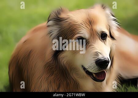 Portrait d'un chien de race mixte de Roumanie dans le jardin au printemps, dans le style d'un dessin doux avec des peintures acryliques Banque D'Images