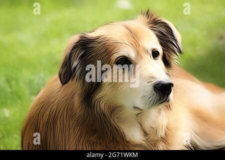 Portrait d'un chien de race mixte de Roumanie dans le jardin au printemps, dans le style d'un dessin doux avec des peintures acryliques Banque D'Images