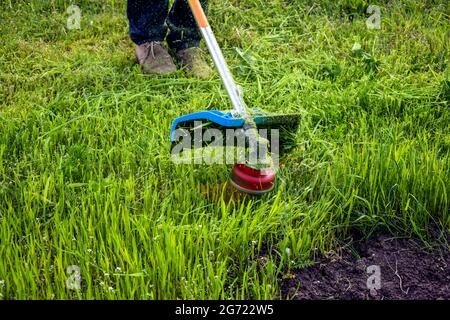 Processus de coupe de l'herbe verte avec le coupe-herbe dans le jardin. La tête rotative avec ligne de pêche rouge coupe l'herbe. Tondeuse à essence. Banque D'Images