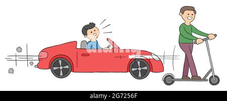 Voiture de luxe ouverte de dessin animé et scooter électrique qui va plus vite, illustration vectorielle. Contours colorés et noirs. Illustration de Vecteur