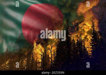 Concept de lutte contre les incendies de forêt, catastrophe naturelle - feu violent dans les bois sur fond de drapeau du Bangladesh - illustration 3D de la nature Banque D'Images