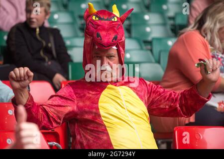 Cardiff, Royaume-Uni. 10 juillet : un fan gallois se présente au stade de la Principauté lors du match international d'été 2021 entre le pays de Galles et l'Argentine. Banque D'Images