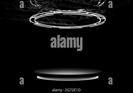 Podium noir avec lumières. Socle rond, plate-forme vide lumineuse au sol. illustration 3d Banque D'Images