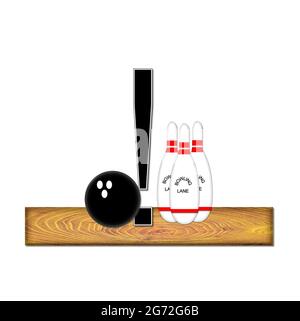 Le point d'exclamation , dans l'alphabet 'Bowling', est noir avec une bordure blanche. La boule de bowling et les épingles sont sur une voie en bois avec lettre. Banque D'Images
