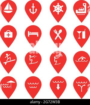 Marqueur de carte Google. Ensemble d'emplacement rouge, point de localisation, point avec plage, port et icônes liées à l'eau à l'intérieur. Illustration vectorielle pour les applications Illustration de Vecteur
