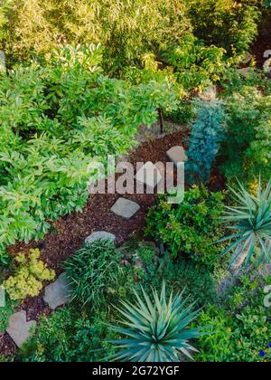 Aménagement paysager avec lits de fleurs et chemin, paysage naturel panorama dans le jardin de la maison. Belle vue sur un beau jardin paysagé dans un arrière-plan résidentiel Banque D'Images
