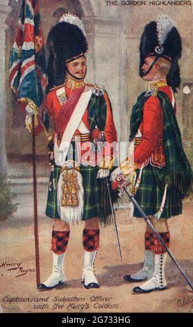 Les Gordon Highlanders : capitaine et officier de Subaltern aux couleurs du roi, 1933. Soldats de l'armée britannique dans des fours traditionnels écossais, avec le drapeau de l'Union Jack. Banque D'Images