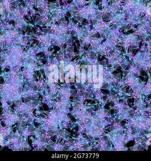 Motif abstrait de lumières polygonales cybernétiques bleues et violettes sur fond noir Banque D'Images