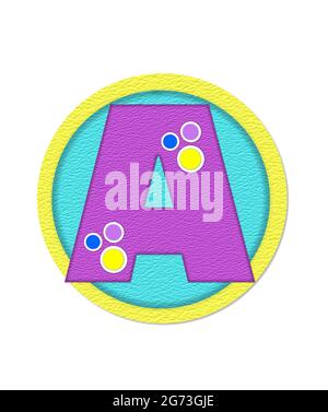 La lettre A, dans l'ensemble de l'alphabet 'papier froissé', est violette avec de grands pois en jaune, bleu et lilas. Jeux de lettres aqua cercle entouré en yel Banque D'Images
