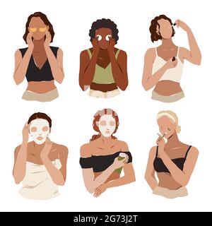 Diverses femmes d'origine ethnique appliquant le sérum de visage, masque de feuille, patch d'oeil, faisant le massage facial avec le rouleau de jade, les rituels de soin de peau, portrait abstrait de femmes Illustration de Vecteur