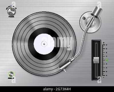 Disque vinyle lecture sur platine lecteur gros plan vue du dessus réaliste noir blanc rétro image vecteur illustration Illustration de Vecteur