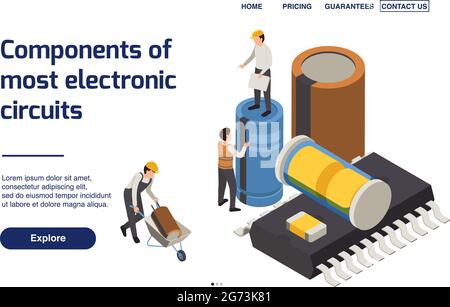Conception de page de production de semi-conducteurs avec composants de circuits électroniques symboles illustration vectorielle isométrique Illustration de Vecteur