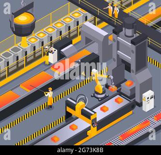 Arrière-plan isométrique avec les fonderies d'acier et l'illustration vectorielle 3d du processus de travail des métaux Illustration de Vecteur