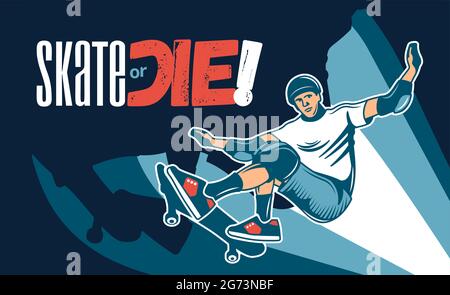 Skate Extreme fond coloré dessiné à la main avec un jeune homme dans un casque et des genouillères patins de patinage sur les rues de la ville ou dessin vectoriel de rampe de skate Illustration de Vecteur