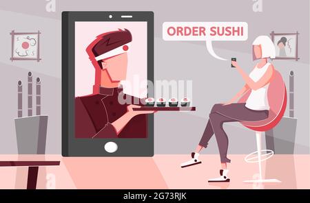 Sushi en ligne composition plate avec décor de maison et personnage féminin commandant des aliments asiatiques avec illustration vectorielle d'écran de smartphone Illustration de Vecteur