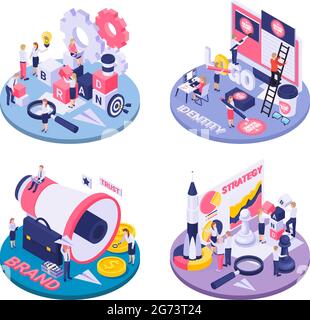 L'identité de la marque comme objectifs atteindre le concept de stratégie 4 circulaire isométriques compositions logo création de symboles de collaboration illustration vectorielle Illustration de Vecteur