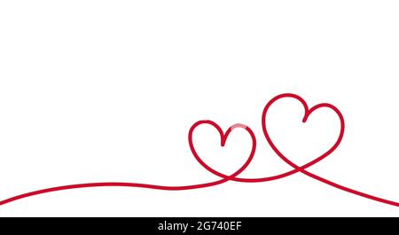 Ligne continue de deux coeur forme avec dessin coeur rouge sur blanc. Illustration de l'amour concept minimalisme un thème romantique dessiné à la main. Banque D'Images