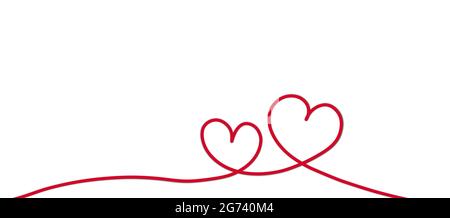 Ligne continue de deux coeur forme avec dessin coeur rouge sur blanc. Illustration de l'amour concept minimalisme un thème romantique dessiné à la main. Banque D'Images