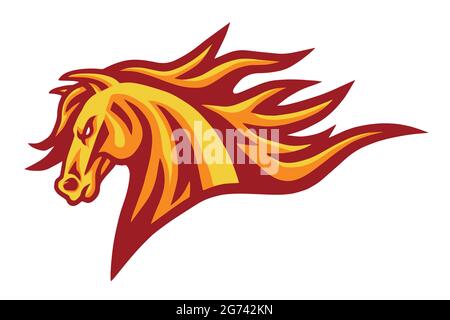 Cheval Mustang tête feu flamme brûlante logo Vector Mascot Design Illustration de Vecteur