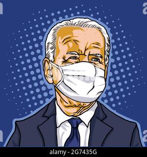 Président des États-Unis d'Amérique, Joe Biden portant un masque Portrait, caricature de dessin de dessin Illustration Pop Art Design Illustration de Vecteur