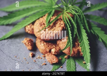 Biscuits au chocolat avec feuille de cannabis - la marijuana laisse la plante sur fond sombre, cannabis alimentaire nature herbe concept Banque D'Images