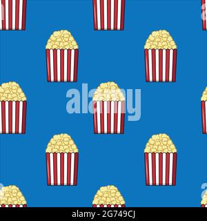 Motif de pop-corn croustillant dans une boîte rouge-blanc sur fond bleu . Délicieux en-cas pour regarder un film. Illustration vectorielle Illustration de Vecteur