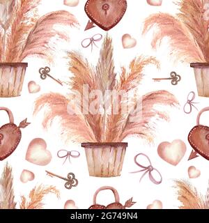 Motifs sans couture avec herbe de pampas dans les pots, les clés, les coeurs et les noeuds en style boho sur un fond blanc isolé. Illustration aquarelle Banque D'Images