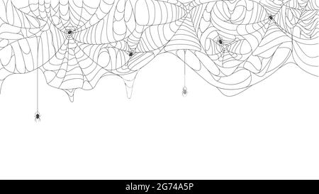 Toile de fond de Halloween. Halloween effrayante bande d'araignée pendante déchirée avec araignées noires illustration d'arrière-plan vectoriel. Silhouette de toile d'araignée effrayante Illustration de Vecteur