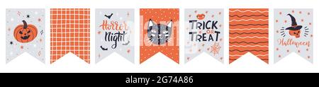 Banderole Halloween. Mignon halloween drapeaux décoration de bunting, pendaison de chauves-souris effrayantes et citrouilles ensemble d'illustration de vecteur de bunting. Décoration de fête d'Halloween Illustration de Vecteur