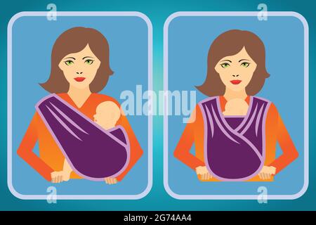 Deux icônes d'une femme avec son bébé dans un harnais montrant deux positions différentes Illustration de Vecteur