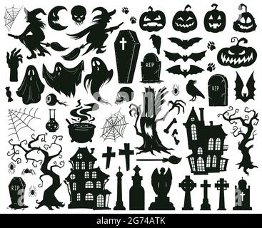 Halloween – éléments effrayants. Caricature halloween sinistre silhouettes, sorcières, monstres et scénario fantôme créepy. Joyeux halloween Illustration de Vecteur