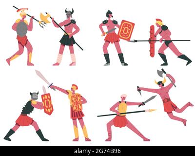 Combattre les gladiateurs romains. Guerriers grecs armés, gladiateurs de bataille romains dessin animé scénario ensemble. Anciens combattants romains Illustration de Vecteur