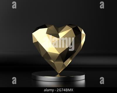 rendu 3d coeur polygonal doré sur fond noir Banque D'Images