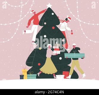 Les gens décorent l'arbre de Noël. Heureux amis décorant sapin de Noël ensemble dessin animé vecteur illustration. Préparation des vacances d'hiver de Noël Illustration de Vecteur