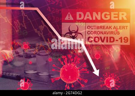 Récession économique impact financier à la baisse du virus Corona (COVID-19) pandémie et le verrouillage des affaires concept graphique de conception. Banque D'Images