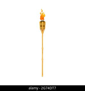 Flamme de flamme, lampe médiévale ancienne, icône vecteur. Chalumeau sur bâton de bambou en bois, lanterne de feu tribal, flambeau ou torchli de tiki d'Hawaï Illustration de Vecteur