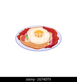 Œuf frit sur la tortilla de maïs huevos rancheros sur plaque cuisine mexicaine isolée nourriture. Plat de petit-déjeuner Vector composé d'œufs servis dans une larg raditionnelle Illustration de Vecteur