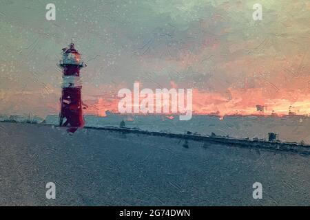 Phare sur la mer du Nord aux pays-Bas (Westkapelle ). Peinture de texture multicolore Banque D'Images