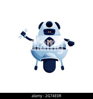 Entretien et fixation du robot avec une clé à clé sur un robot isolé de roue caractère hi-tech. Vector moderne élégant robot cyborg, robot méca géant Illustration de Vecteur