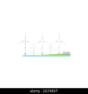 Énergie éolienne éolienne, électricité éolienne éolienne, vecteur vert énergie renouvelable industrie. Moulins à vent en mer, énergie propre alternative et génération d'énergie Illustration de Vecteur