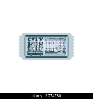 Billet en bus, coupon bleu rétro isolé avec numéro de contrôle et date pour le service de transport de la ville. Embarquement simple Vector, coupon sur le transport interurbain. Illustration de Vecteur