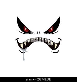 Icône de vecteur isolé face de monstre, émotion de dessin animé. Créature d'Halloween avec les yeux crépi et la bouche avec des dents pointues. spoo fantôme en colère ou extraterrestre Illustration de Vecteur