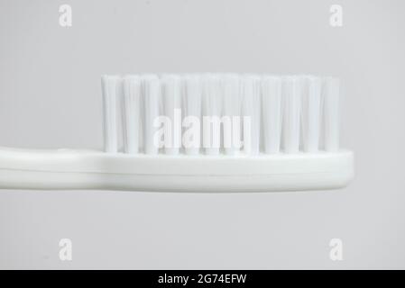 Gros plan sur la tête de brosse blanche. Brosse à dents blanc macro Banque D'Images