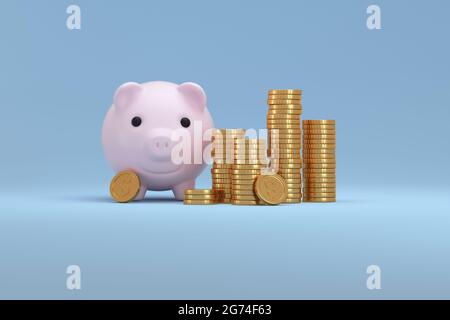 Plusieurs piles de pièces d'or à côté d'une banque de cochons sur fond bleu. Concept d'économie d'argent. rendu 3d. Banque D'Images