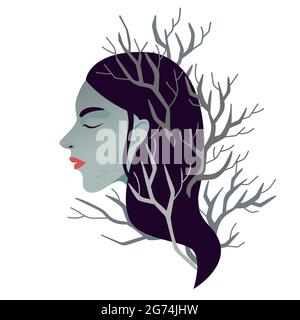 Femme burnout. Femme en dépression et en santé mentale destructrice. État de minde sans ressources et manque d'énergie. Femme avec des branches sèches ses cheveux. Illustration de Vecteur