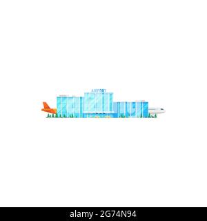 Compagnies aériennes internationales façade extérieure, avions volants et bus transports publics isolés. Bâtiment du terminal d'aéroport Vector, avions passagers et c Illustration de Vecteur