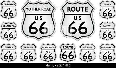 Route 66 panneau de signalisation des États-Unis d'Amérique avec tous les États apparentés sur fond blanc isolé comme vecteur Illustration de Vecteur