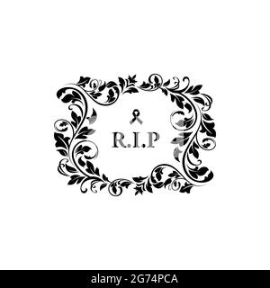 Carte funéraire, couronne vecteur de condoléances vintage avec feuilles florales florales, ruban noir nécrologique et texte rip. Cadre rétro monochrome, obséq Illustration de Vecteur