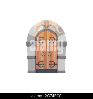 Porte ou porte de dessin animé médiévale en forme d'arche avec éléments forgés entrée isolée de conte de fées. Arc vecteur entrer dans le château ou la tour, porte avec paire o Illustration de Vecteur
