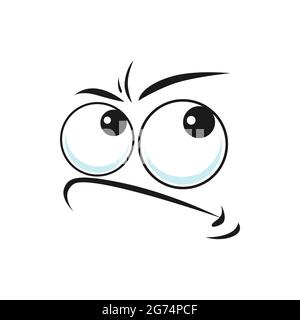 Emoji distrayant avec les grands yeux sourire incurvé, icône isolée soumiley douteuse ou questionnée. Vecteur en colère incrédulité expression émoticône, méfiant triste Illustration de Vecteur